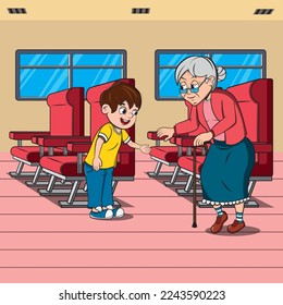 Vector drawing of a child showing good manners giving up the seat to an older adult in a means of public transport.