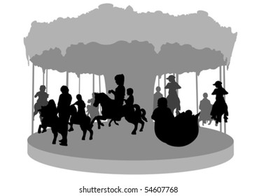 Vector drawing of children on carousel