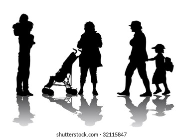 Vector drawing of children from their parents. Isolated silhouettes on white background