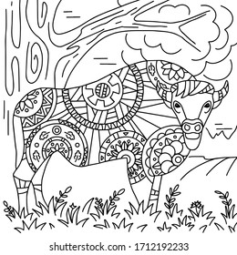 Vector drawing. Children's coloring for adults and children. Bison in the forest under a tree. Doodle for relaxation and meditation.