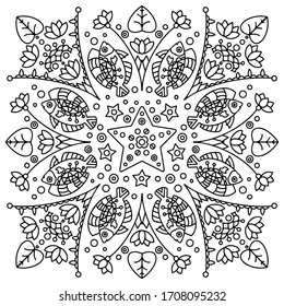 Vector drawing. Children's coloring. Mandala. Fish and plants. For relaxation and entertainment.