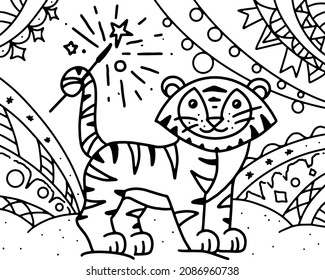 Vector drawing. Children's coloring. A tiger at the festival holds a sparkler. Doodle. Design for the entertainment of children and adults.