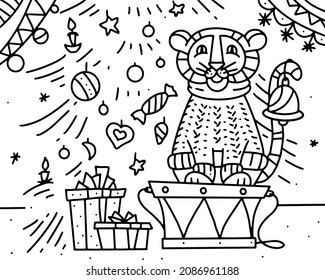 Vector drawing. Children's coloring. The tiger sits on a drum under the tree next to the presents. Doodle. Design for fun.