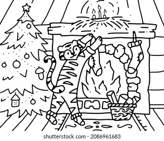 Dibujo de vectores. Colores infantiles. Un tigre cuelga de medias de regalo sobre una chimenea en una casa de madera.