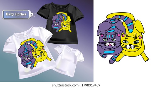 
Vector drawing for children's t-shirt. Image of cartoon cats. Yellow and lilac cats lying nearby.