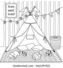vector drawing, children's wigwam, fabric tent for games at home, children's play room, tent with flags and toys isolated on a white background