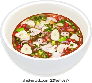 Vector drawing, chili fish sauce, Prik Nam Pla, sauce, Thai sauce, Paprika, Chili, Garlic, Red Onion, Fish Sauce, Food Vector, Food Drawing, Thai food, Asia food