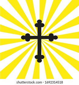 Vector drawing christian cross in the rays, color black and yellow