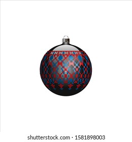 Vector drawing - Christmas ball in black with a mesh Slavic pattern in red and blue on a white isolated background