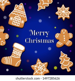 Vector drawing of a christmas card design. Gingerbread house, tree, snowflakes, gingerbread cookies