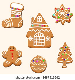 Vector drawing of a christmas card design. Gingerbread house, tree, snowflakes, gingerbread cookies