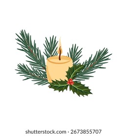 Composición de Navidades de dibujo de Vector, vela y rama de abeto con agujas verdes y hojas de acebo y bayas rojas, ilustración dibujada a mano