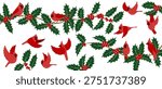 vector drawing Christmas composition, red cardinal birds at holly branch with green leaves and red berries, hand drawn illustration