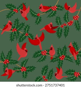 vector drawing Christmas composition, red cardinal birds at holly branch with green leaves and red berries, hand drawn illustration