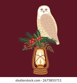 desenho vetorial Composição de Natal, lâmpada de querosene vintage, coruja de neve e ramo de abeto com agulhas verdes e folhas de azevinho e bagas vermelhas, ilustração desenhada à mão