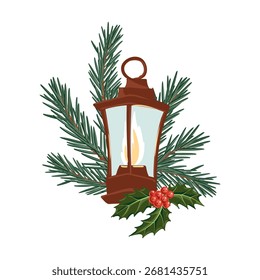 vector drawing Christmas composition, vintage kerosene lamp and fir branch with green needles and holly leaves and red berries, hand drawn illustration