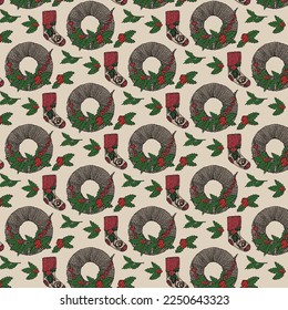 Vector drawing with Christmas contoured colored wreaths with sharp leaves and socks. Graphics for New Year's gift wrapper, Christmas drawings, scrapbooking