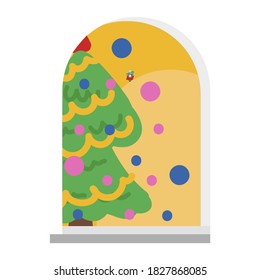 Vector drawing of a Christmas decorated tree from the window on a white isolated background in a flat style. New Year mood. Print, decoration of cards, invitations