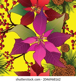 Vector Drawing. Christmas Decorative Composition Of Pine, Poinsettia, Red Berries. Seamless Pattern.