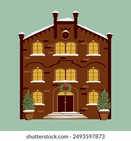 vector drawing christmas house with snow and decor, hand drawn illustration