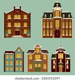 Vector drawing Christmas houses with snow and decorations, hand drawn illustration
