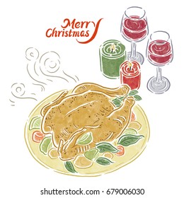Vector Drawing of Christmas roast chicken feast