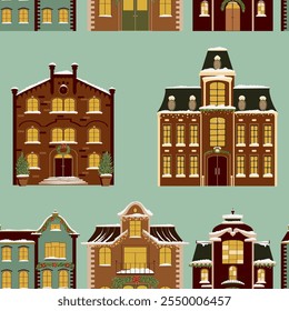 Vector drawing Christmas seamless pattern with houses with snow and decorations, hand drawn illustration