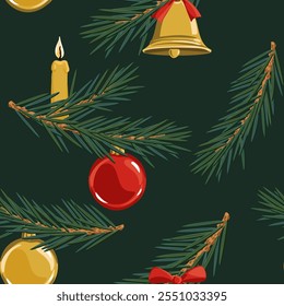 vector drawing Christmas seamless pattern fir tree branch with green needles, candles, bells and red balls, holiday background, hand drawn illustration