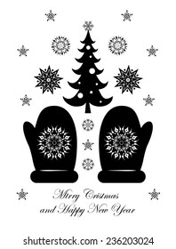 Vector drawing of Christmas set on white background. Christmas-tree, mittens and snowflakes.