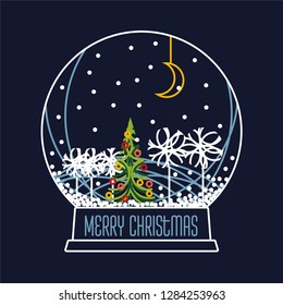 Vector drawing of a Christmas snow ball with a Christmas tree and the moon inside.