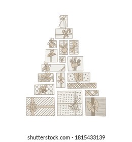 Vector drawing of a Christmas tree from gifts. Christmas gift boxes.  Christmas tree made of gift boxes. Vector illustration on white background.