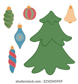 Vector drawing of a Christmas tree and Christmas tree toys in the doodle style on a white background.
