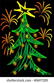 Vector drawing of a Christmas tree with toys