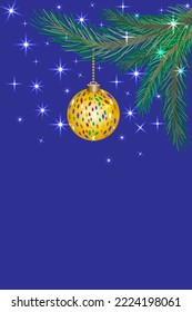 Vector drawing of a Christmas vertical card. A bright yellow ball adorns a fir branch on a dark blue background.