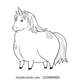 Vector drawing of chubby cute unicorn. Line art of chunky horse or pony isolated on white