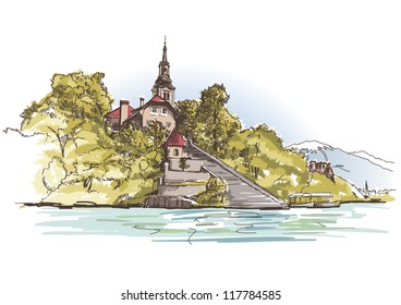 Dibujo vectorial de una iglesia en la isla en el lago Bled en Eslovenia