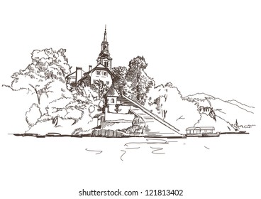 Vector drawing of a church on the island in lake Bled in Slovenia
