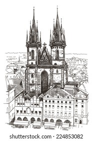 Vector drawing of Church Our Lady before Tyn in Prague, Czech Republic