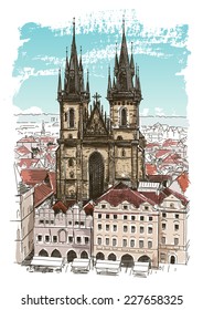 Vector drawing of Church Our Lady before Tyn in Prague, Czech Republic