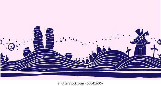 Vector drawing of city landscape. Abstract pattern for textile.