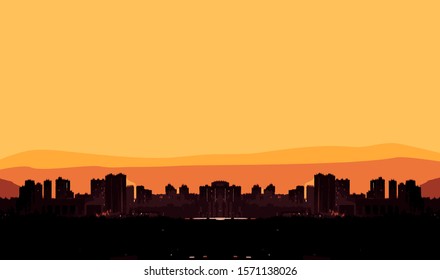 Vector drawing of the city at sunset with multi-storey buildings. Copy space