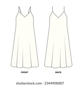 Vector drawing of a classic summer dress on the straps. Template of women's long dress front and back view. Outline sketch of a fashionable free-cut dress.