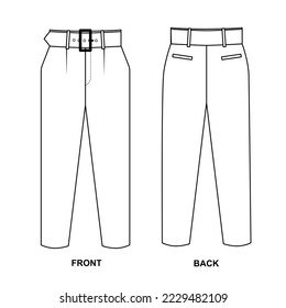 Vector drawing of classic trousers with a belt with a buckle and pockets. Template for pants design.