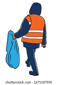 Vector drawing of cleaner with trash bag walking along street