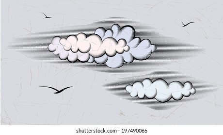 The vector drawing of a cloud in style of an ancient engraving.