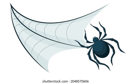 Vector drawing of cobweb and spider isolated on white background. A decorative element in the form of a cobweb and a spider. Spider web and spider descending icon in flat style