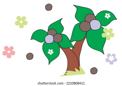 Vector drawing with coconut palms and a flowers. 
Drawing for children's T-shirts, pajamas, textiles or
wallpaper.