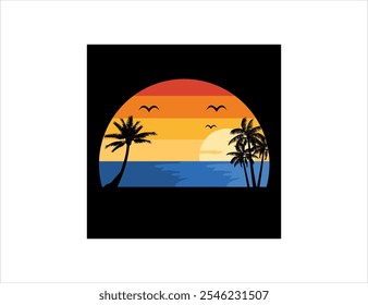 Vector drawing of coconut trees on the beach at sunset