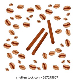 Vector drawing - Coffee beans and cinnamon. Simple stylized drawing