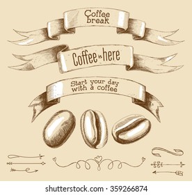 Vector drawing coffee beans and ribbon. Vintage style. Engraving